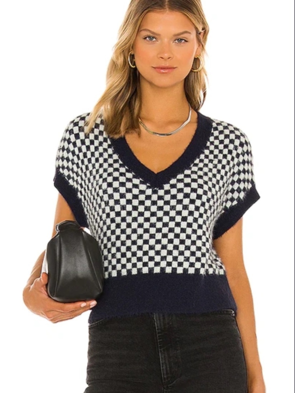 Free People Through The Motions Navy & White Checker V-Neck Short Sleeve Sweate